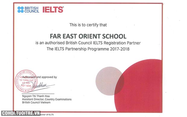 Giấy chứng nhận đặt điểm thi IELTS tại trường Ngọc Viễn Đông của Hội Đồng Anh