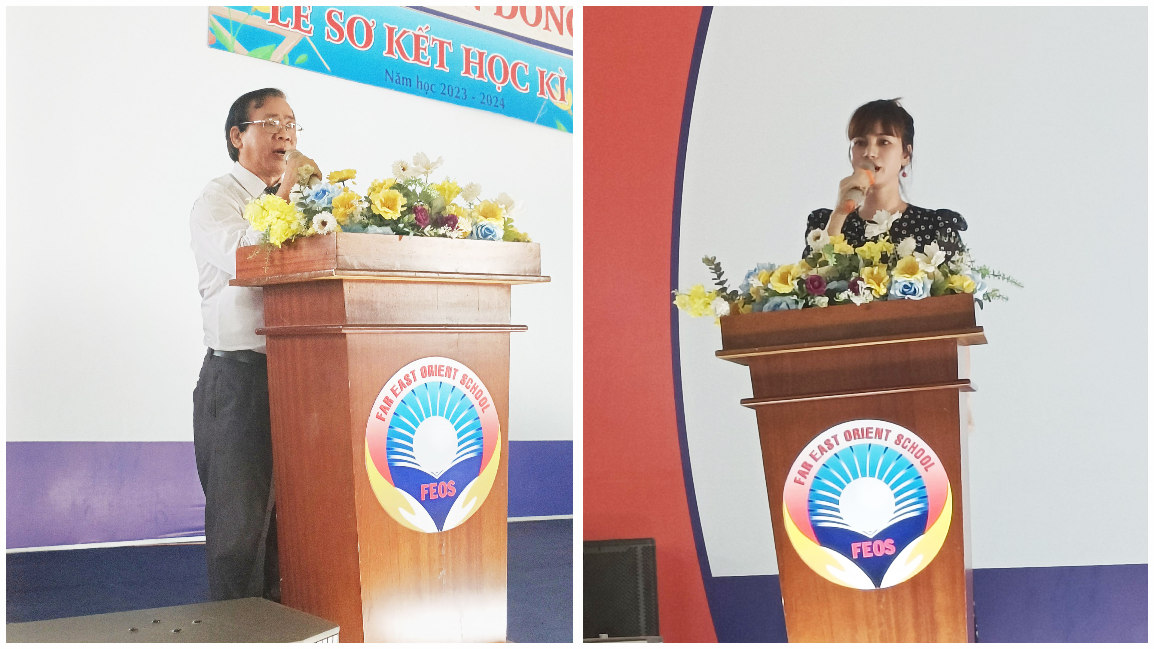 Đại diện Cha Mẹ học sinh và thầy Phó Hiệu trưởng Đỗ Ngọc Hiền phát biểu trong lễ sơ kết HKI năm học 2023 - 2024 trường THCS và THPT Ngọc Viễn Đông